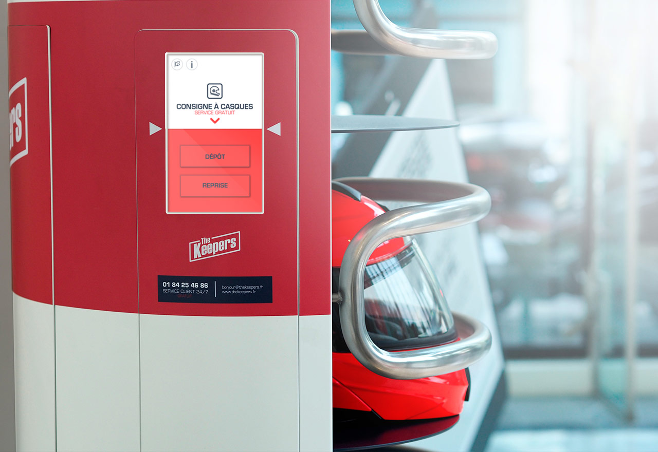 Keeper Jet helmet lockers: a motorcycle helmet stored in a secure locker