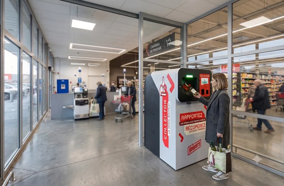 A customer uses the Collector installed in the entrance area of a hypermarket